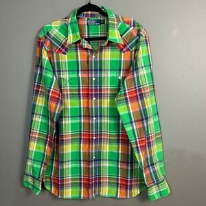 Vintage 90s Polo Ralph Lauren shirt Men's XL Western madras plaid Snap Green